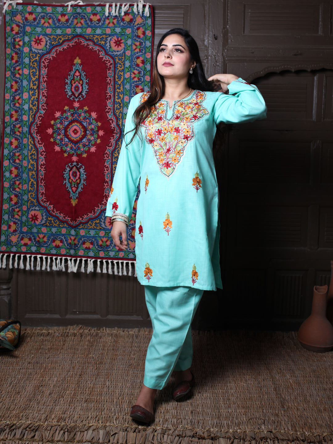 Mint Aari & Silver Zari Outline Embroidered Kashmiri Co-Ord Set