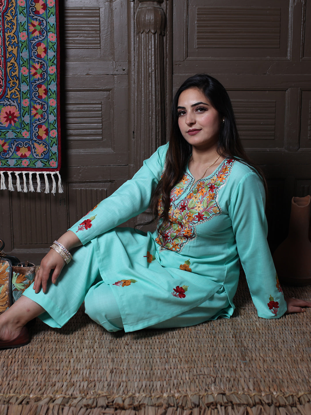 Mint Aari & Silver Zari Outline Embroidered Kashmiri Co-Ord Set