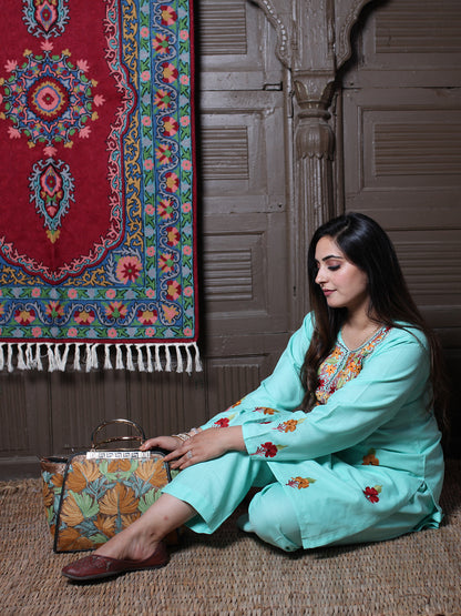 Mint Aari & Silver Zari Outline Embroidered Kashmiri Co-Ord Set