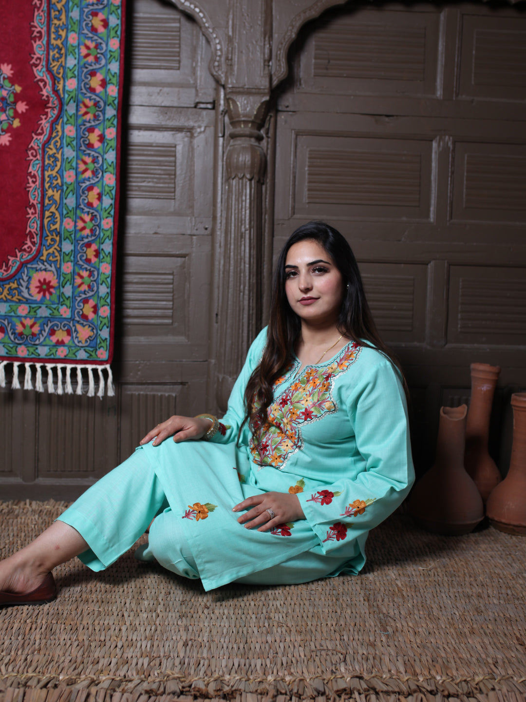 Mint Aari & Silver Zari Outline Embroidered Kashmiri Co-Ord Set