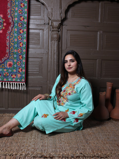 Mint Aari & Silver Zari Outline Embroidered Kashmiri Co-Ord Set