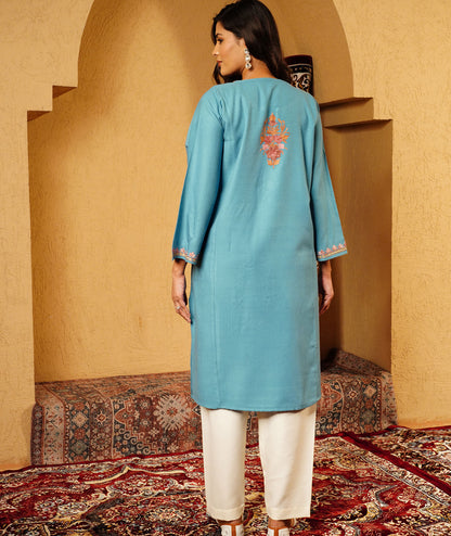 Powder Blue Aari & Zari Embroidered Wool Pheran