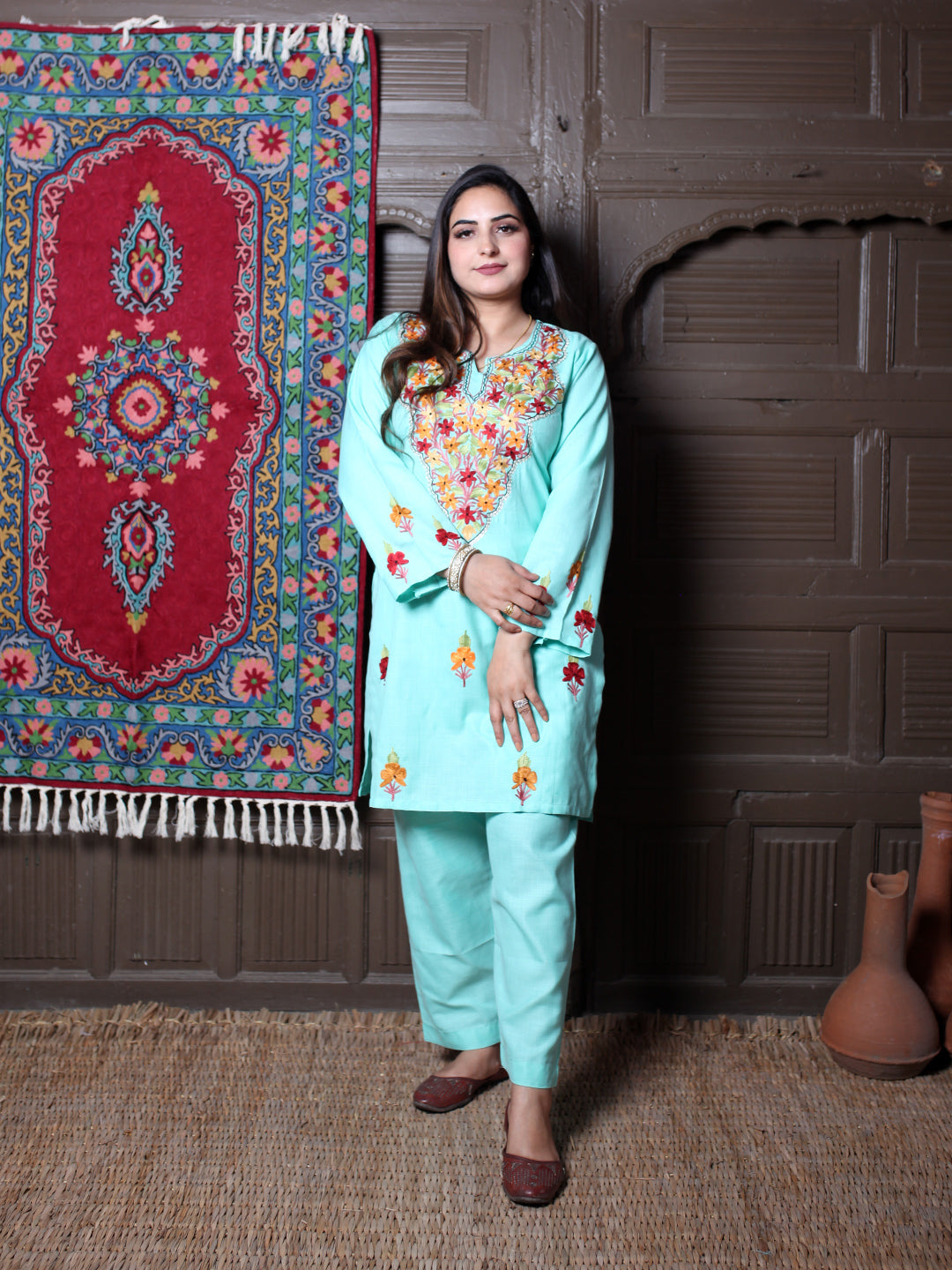 Mint Aari & Silver Zari Outline Embroidered Kashmiri Co-Ord Set