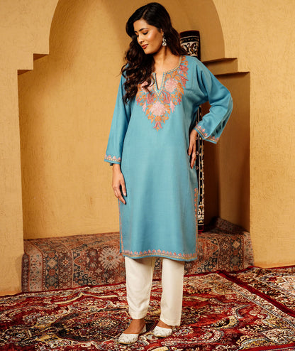 Powder Blue Aari & Zari Embroidered Wool Pheran