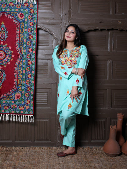 Mint Aari & Silver Zari Outline Embroidered Kashmiri Co-Ord Set