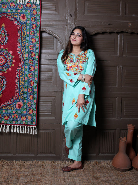 Mint Aari & Silver Zari Outline Embroidered Kashmiri Co-Ord Set