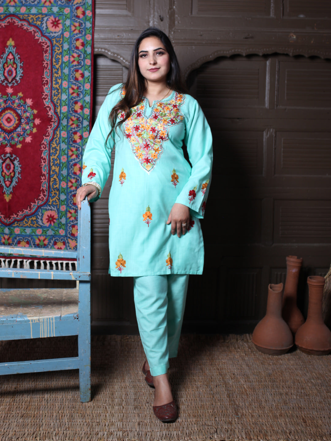 Mint Aari & Silver Zari Outline Embroidered Kashmiri Co-Ord Set