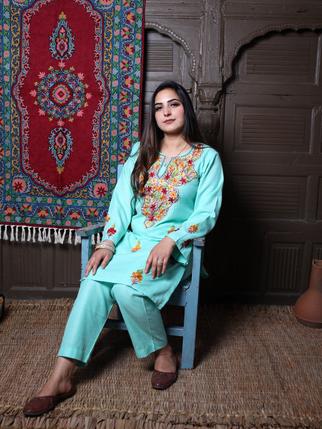 Mint Aari & Silver Zari Outline Embroidered Kashmiri Co-Ord Set