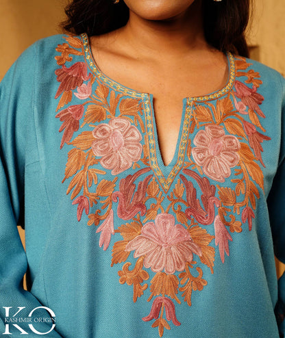 Powder Blue Aari & Zari Embroidered Wool Pheran