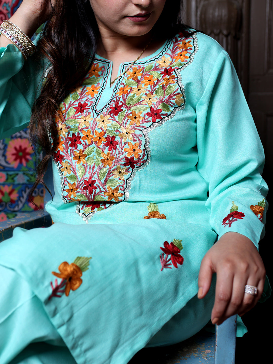 Mint Aari & Silver Zari Outline Embroidered Kashmiri Co-Ord Set