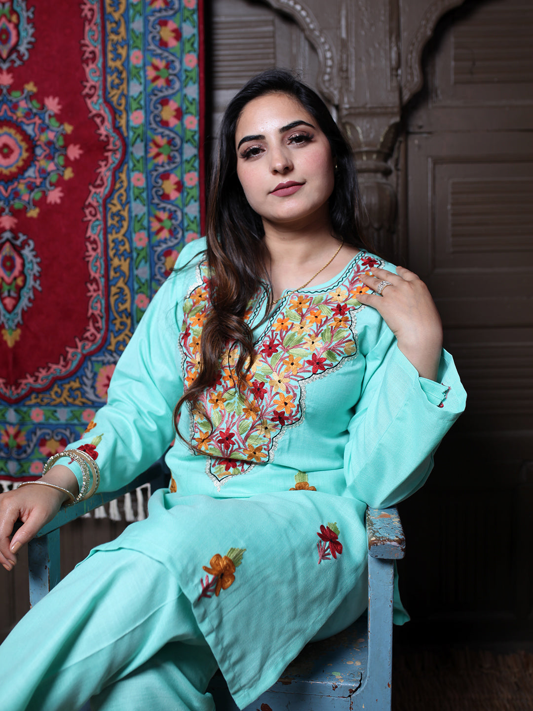 Mint Aari & Silver Zari Outline Embroidered Kashmiri Co-Ord Set