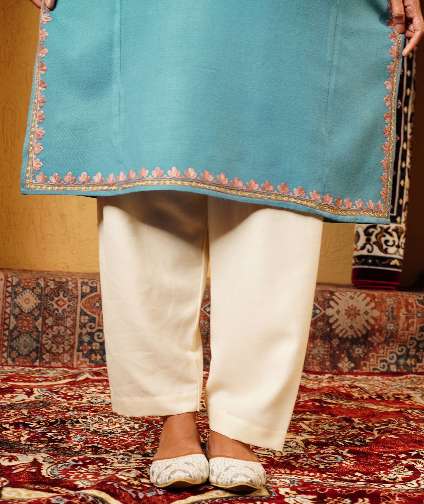 Powder Blue Aari & Zari Embroidered Wool Pheran
