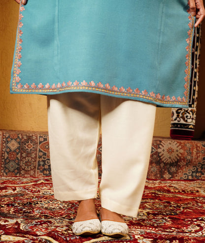 Powder Blue Aari & Zari Embroidered Wool Pheran