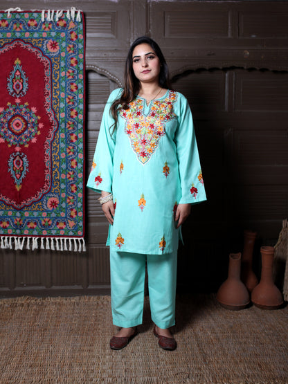 Mint Aari & Silver Zari Outline Embroidered Kashmiri Co-Ord Set