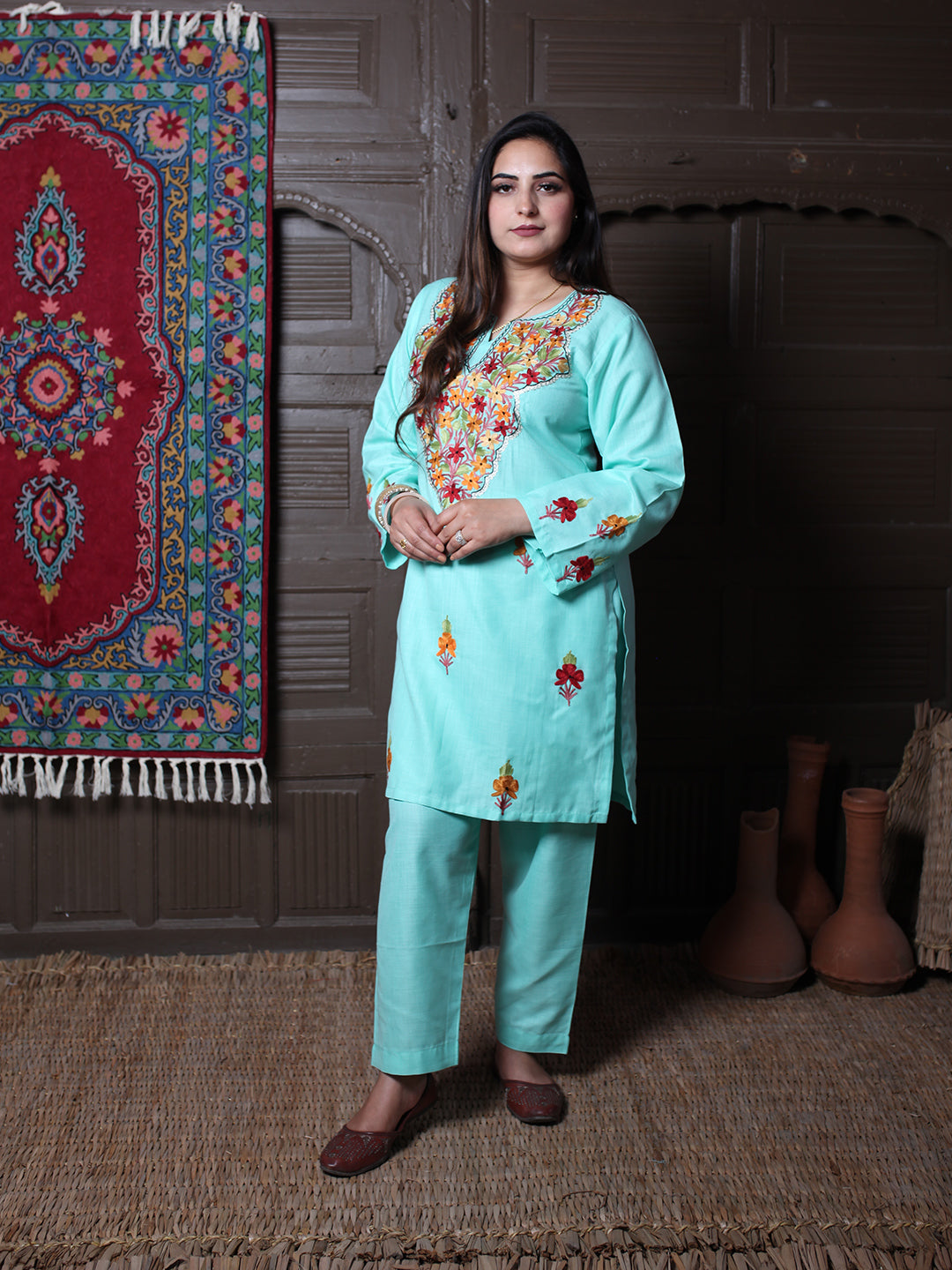 Mint Aari & Silver Zari Outline Embroidered Kashmiri Co-Ord Set