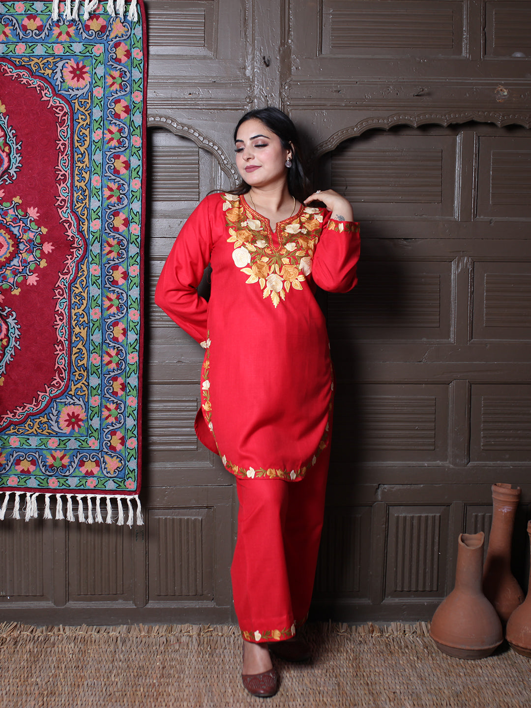 Red Rose & Leaf Aari Embroidered Kashmiri Cotton Co-Ord Set