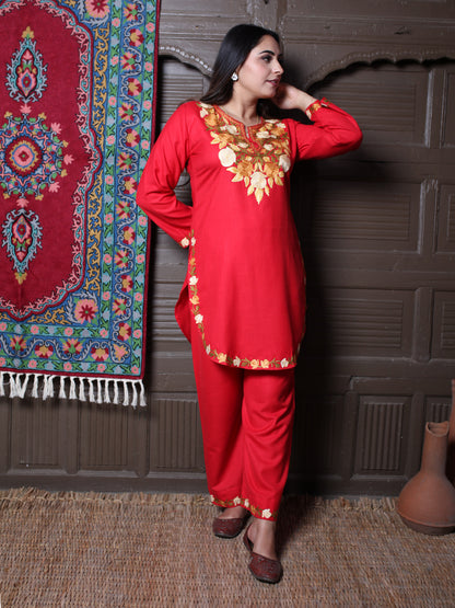 Red Rose & Leaf Aari Embroidered Kashmiri Cotton Co-Ord Set