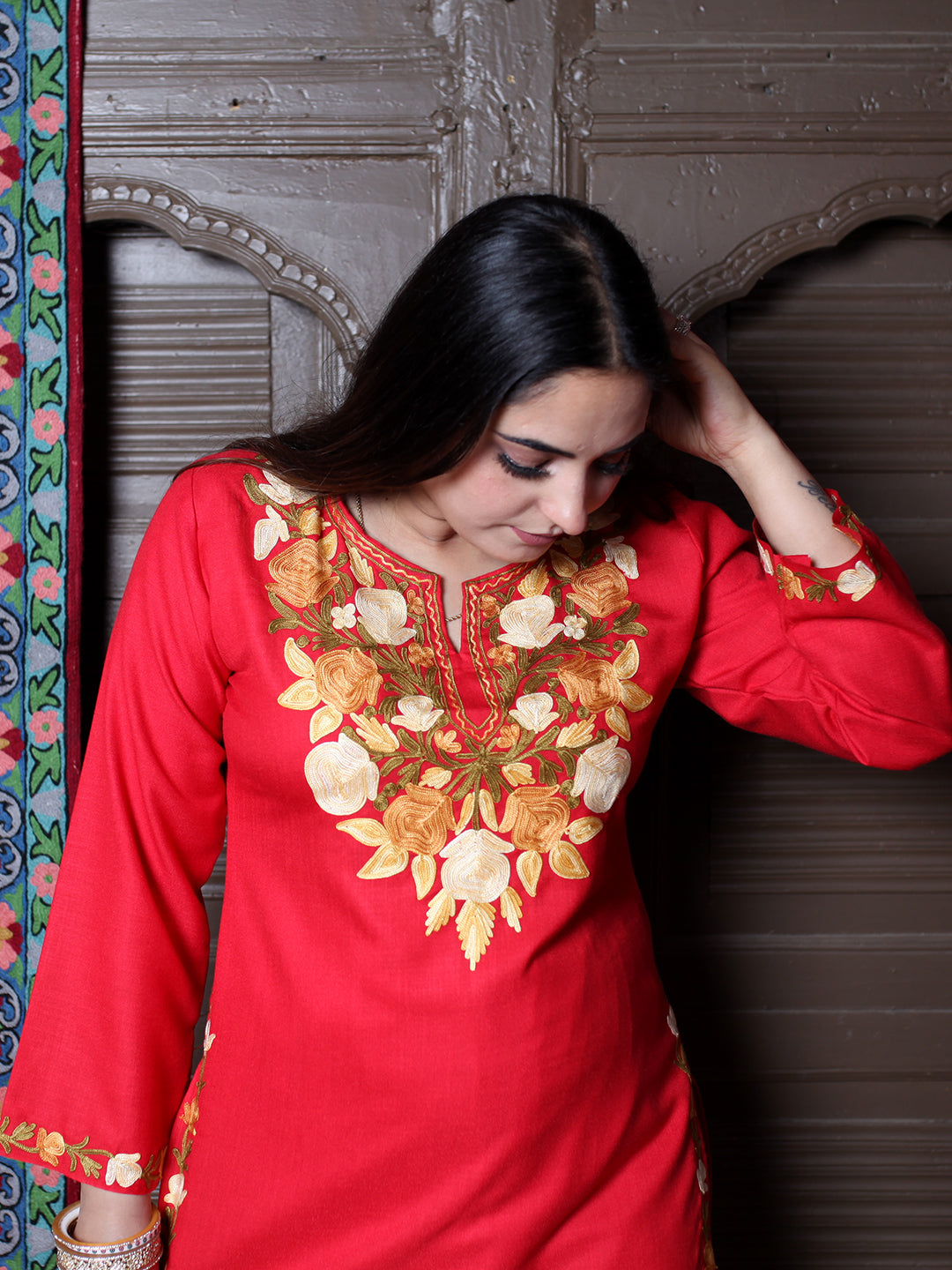Red Rose & Leaf Aari Embroidered Kashmiri Cotton Co-Ord Set