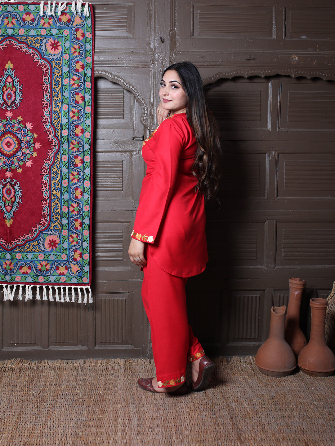 Red Rose & Leaf Aari Embroidered Kashmiri Cotton Co-Ord Set
