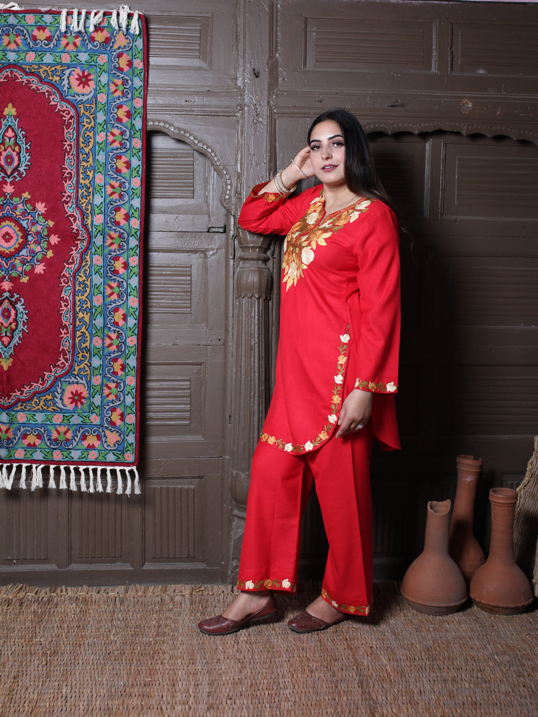Red Rose & Leaf Aari Embroidered Kashmiri Cotton Co-Ord Set