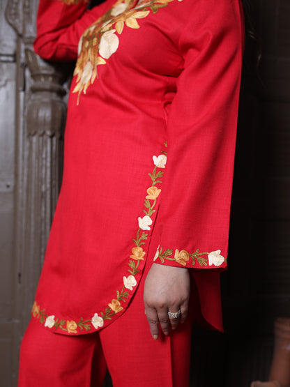 Red Rose & Leaf Aari Embroidered Kashmiri Cotton Co-Ord Set