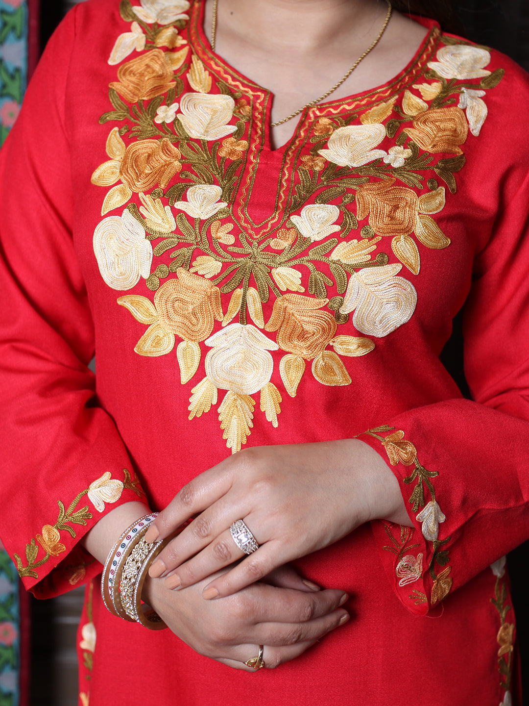 Red Rose & Leaf Aari Embroidered Kashmiri Cotton Co-Ord Set