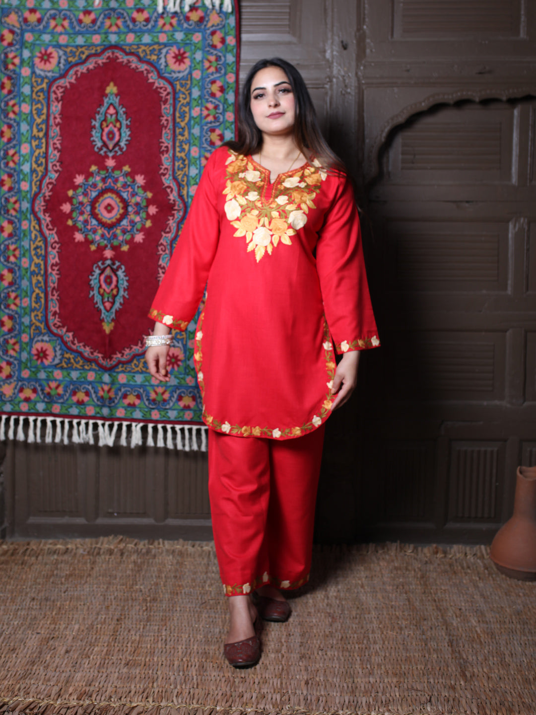 Red Rose & Leaf Aari Embroidered Kashmiri Cotton Co-Ord Set