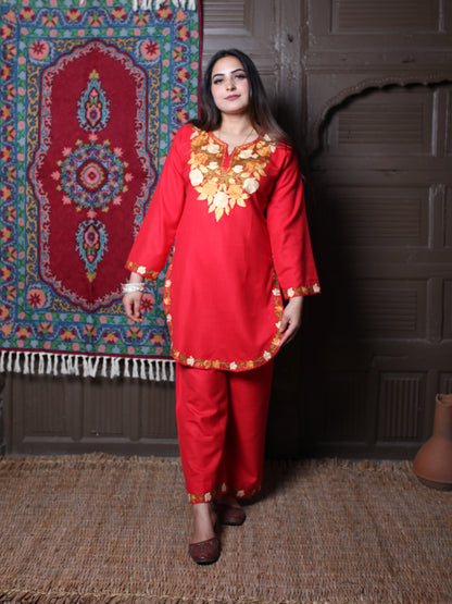 Red Rose & Leaf Aari Embroidered Kashmiri Cotton Co-Ord Set