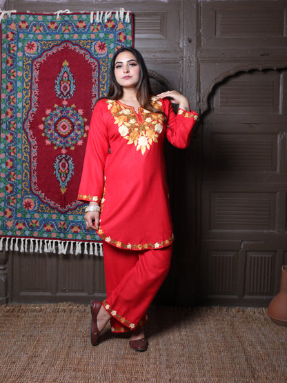 Red Rose & Leaf Aari Embroidered Kashmiri Cotton Co-Ord Set