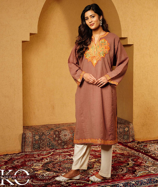 Natural Brown Tilla Embroidered Kashmiri Pure Woolen Pheran