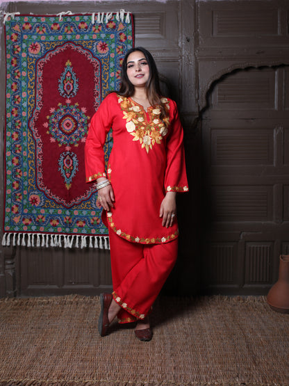 Red Rose & Leaf Aari Embroidered Kashmiri Cotton Co-Ord Set