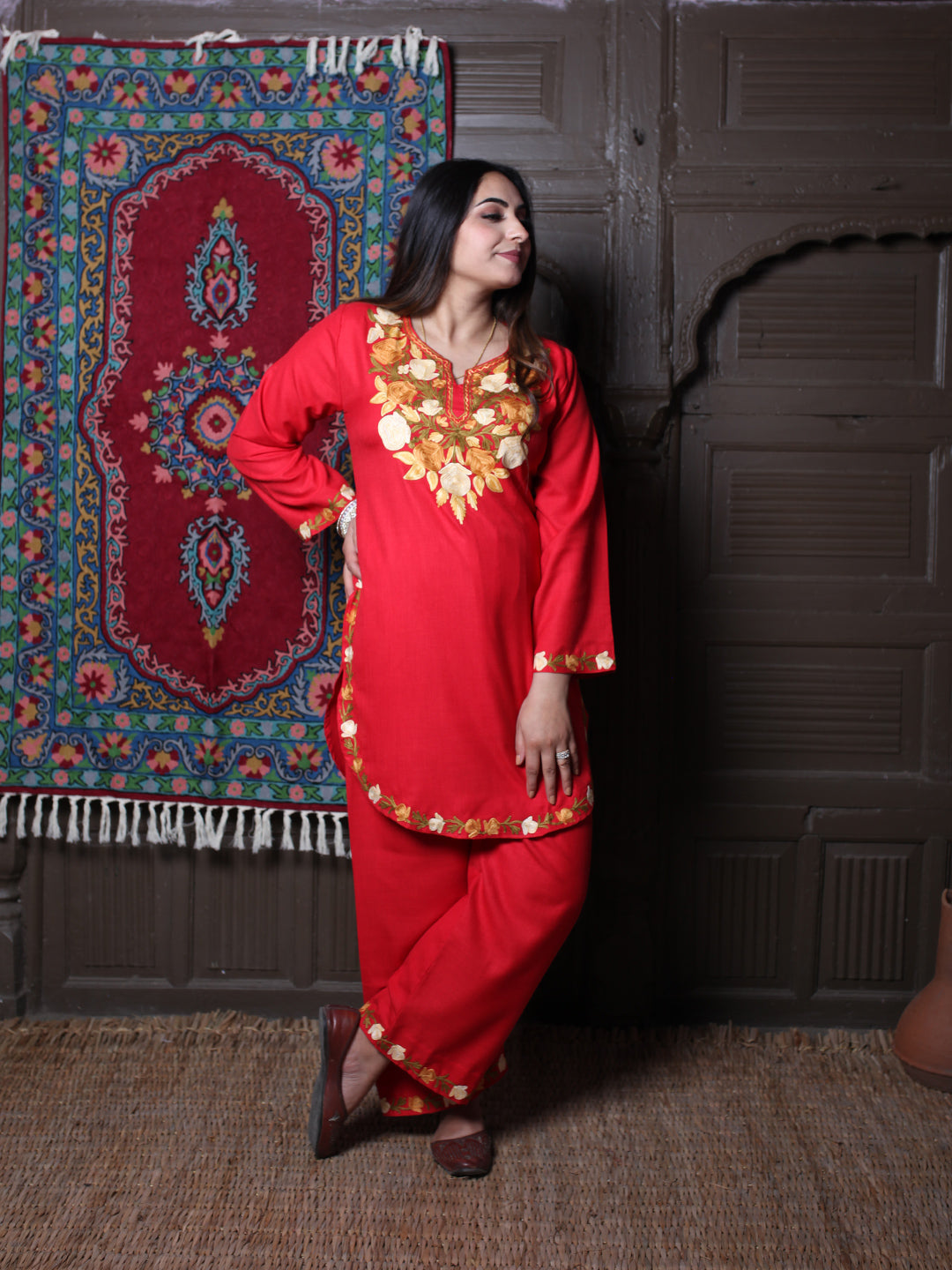 Red Rose & Leaf Aari Embroidered Kashmiri Cotton Co-Ord Set