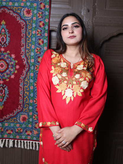 Red Rose & Leaf Aari Embroidered Kashmiri Cotton Co-Ord Set