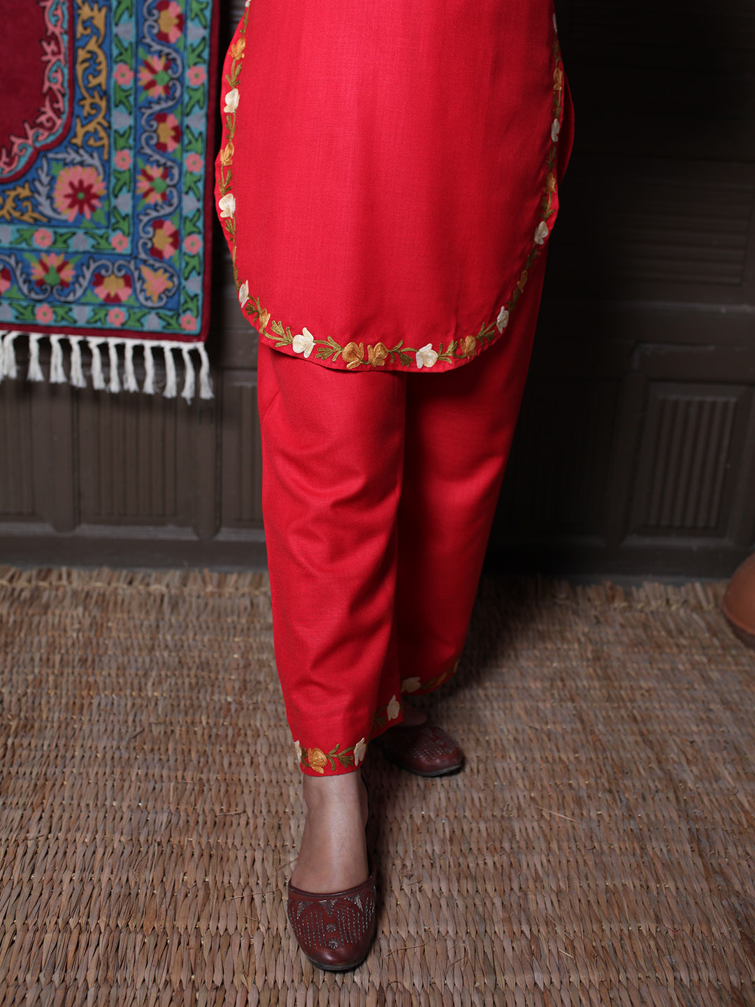 Red Rose & Leaf Aari Embroidered Kashmiri Cotton Co-Ord Set