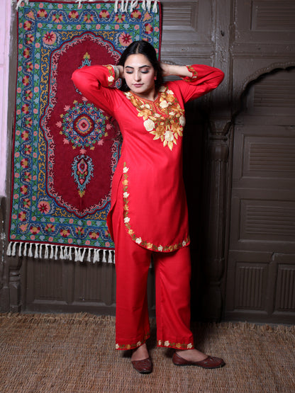 Red Rose & Leaf Aari Embroidered Kashmiri Cotton Co-Ord Set