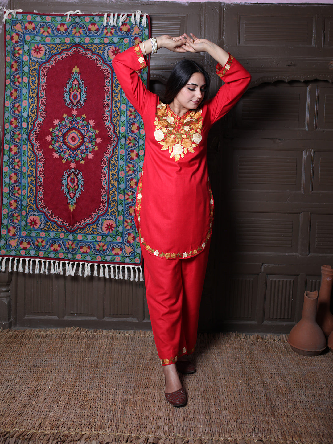 Red Rose & Leaf Aari Embroidered Kashmiri Cotton Co-Ord Set