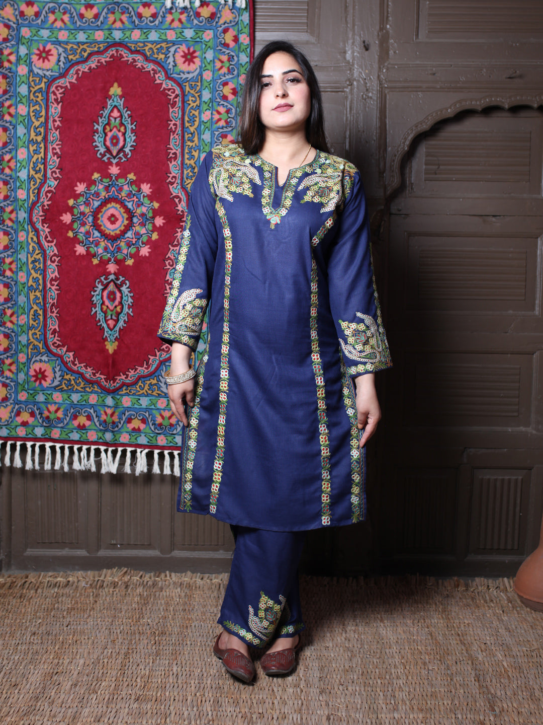 Navy Blue Aari & Zari All-Over Embroidered Kashmiri Cotton Co-Ord Set