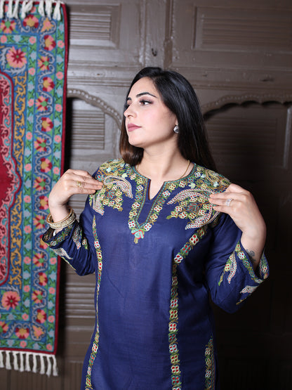 Navy Blue Aari & Zari All-Over Embroidered Kashmiri Cotton Co-Ord Set
