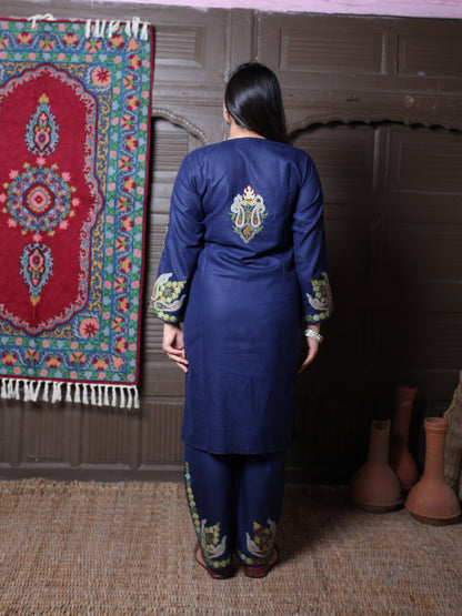 Navy Blue Aari & Zari All-Over Embroidered Kashmiri Cotton Co-Ord Set