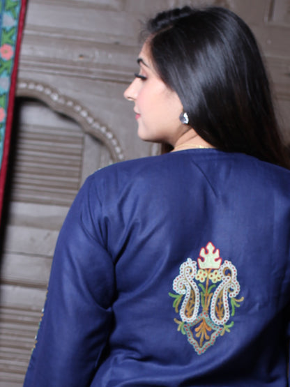 Navy Blue Aari & Zari All-Over Embroidered Kashmiri Cotton Co-Ord Set