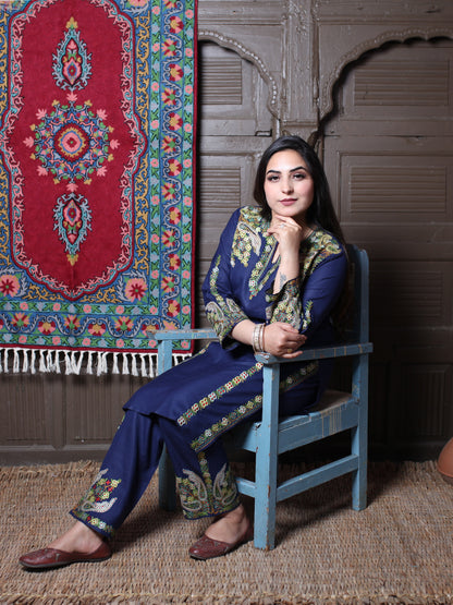 Navy Blue Aari & Zari All-Over Embroidered Kashmiri Cotton Co-Ord Set