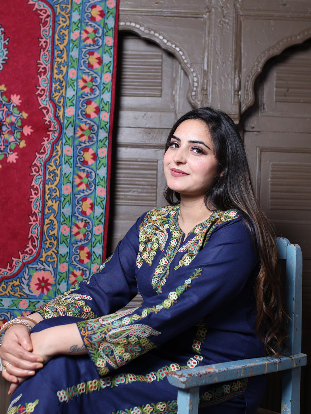Navy Blue Aari & Zari All-Over Embroidered Kashmiri Cotton Co-Ord Set