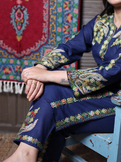 Navy Blue Aari & Zari All-Over Embroidered Kashmiri Cotton Co-Ord Set