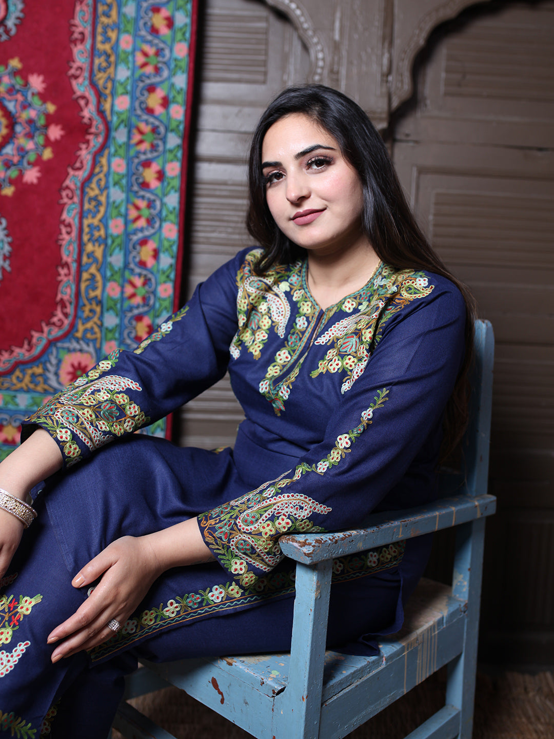 Navy Blue Aari & Zari All-Over Embroidered Kashmiri Cotton Co-Ord Set