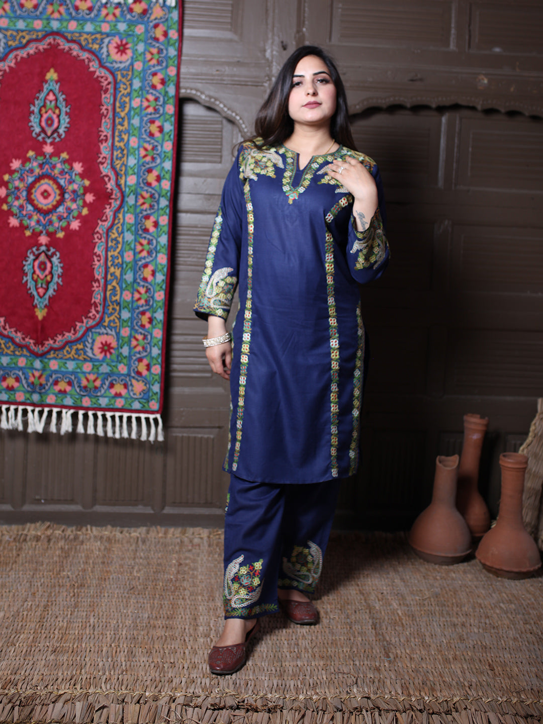 Navy Blue Aari & Zari All-Over Embroidered Kashmiri Cotton Co-Ord Set