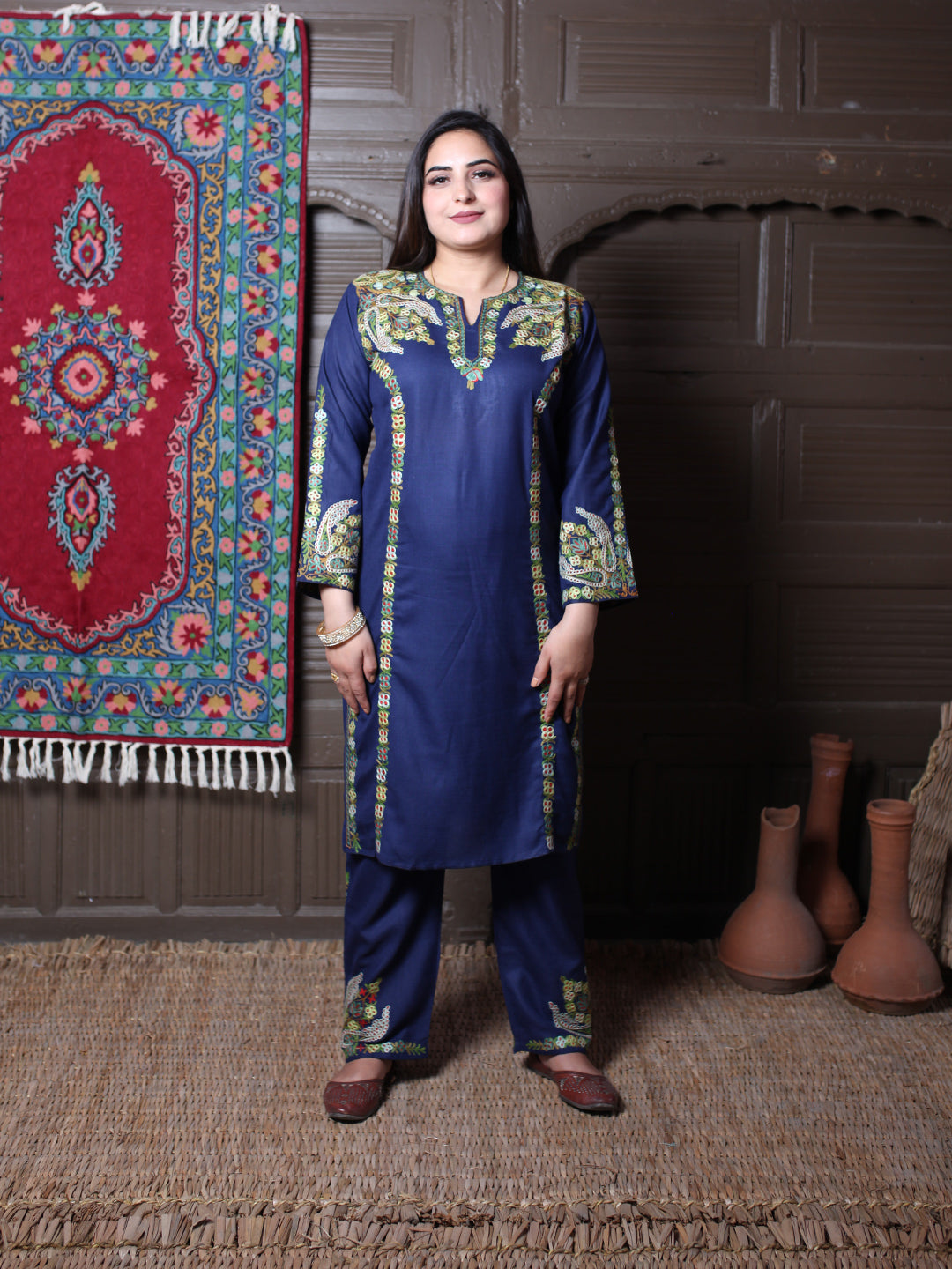 Navy Blue Aari & Zari All-Over Embroidered Kashmiri Cotton Co-Ord Set