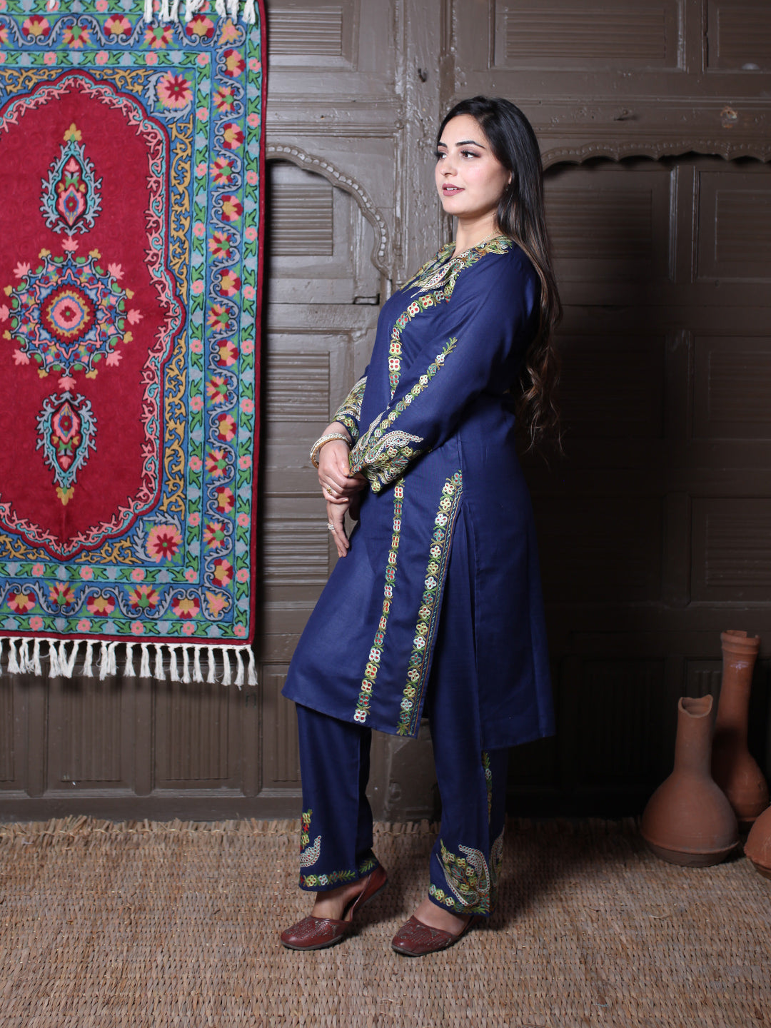 Navy Blue Aari & Zari All-Over Embroidered Kashmiri Cotton Co-Ord Set