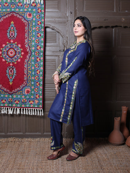 Navy Blue Aari & Zari All-Over Embroidered Kashmiri Cotton Co-Ord Set