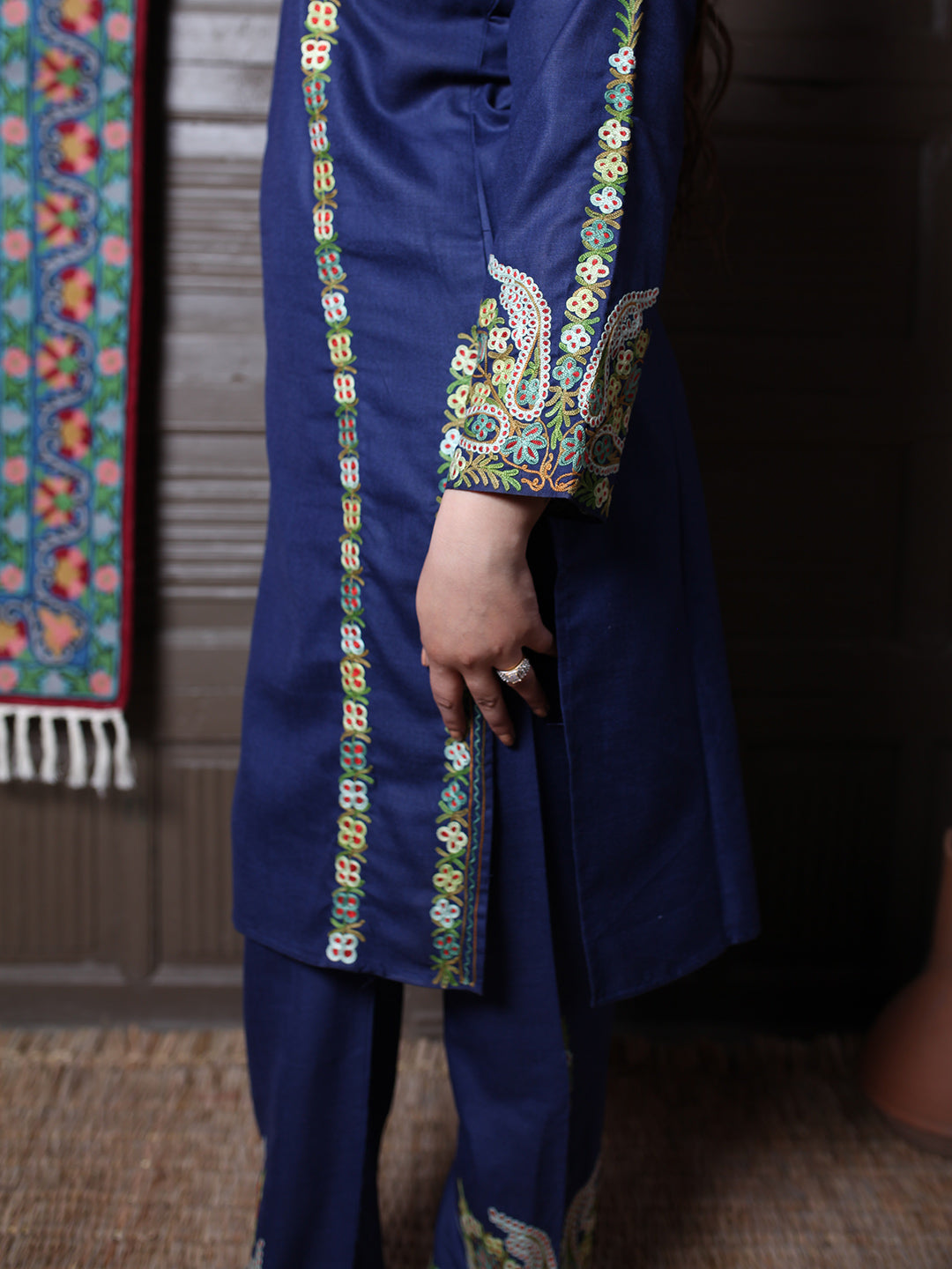 Navy Blue Aari & Zari All-Over Embroidered Kashmiri Cotton Co-Ord Set