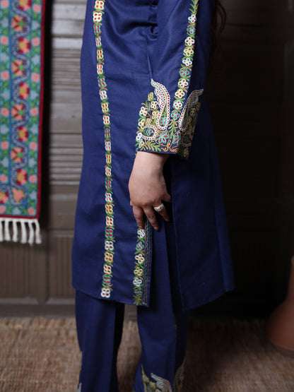 Navy Blue Aari & Zari All-Over Embroidered Kashmiri Cotton Co-Ord Set